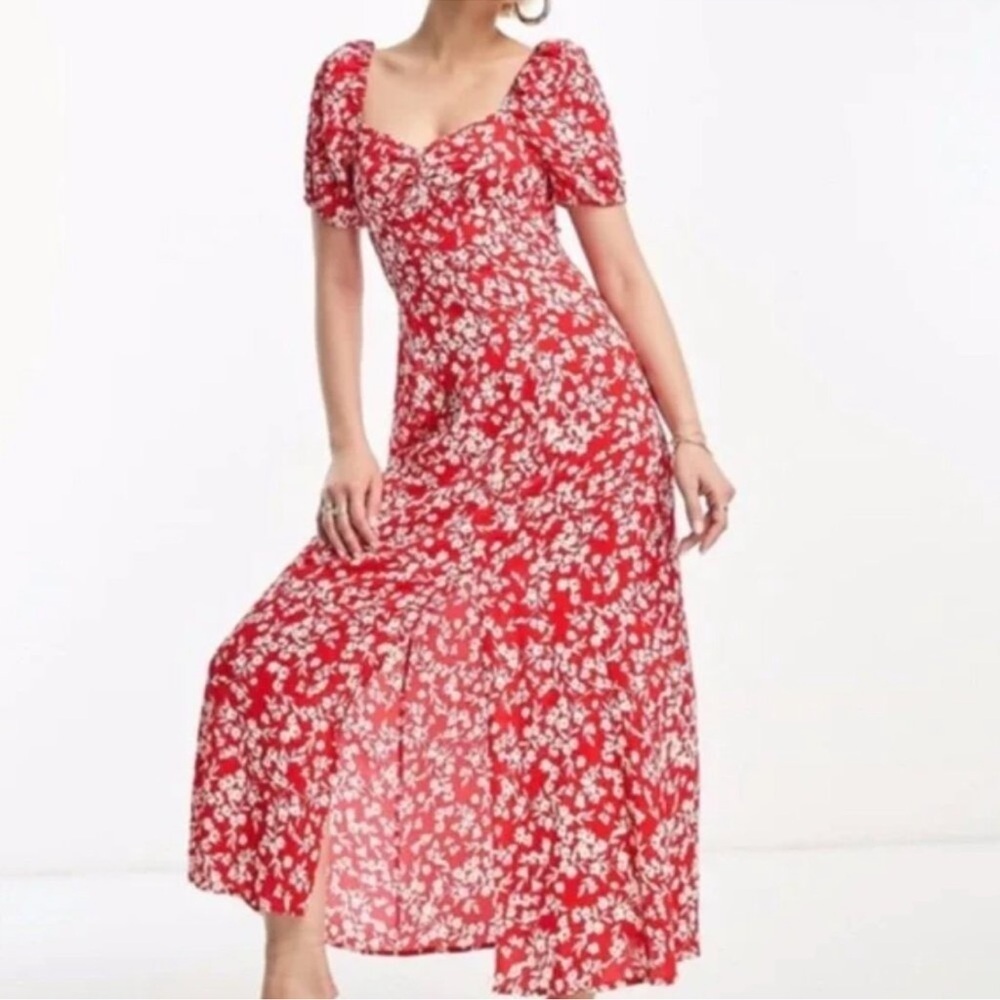 & Other Stories Red Floral Puff Sleeve Slit Midi Dress size 12 - Picture 5 of 13